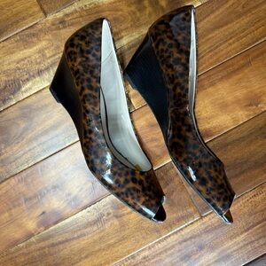 Franco Sarto-Leopard Print Wedge Peep Toe Shoes SZ 9.5